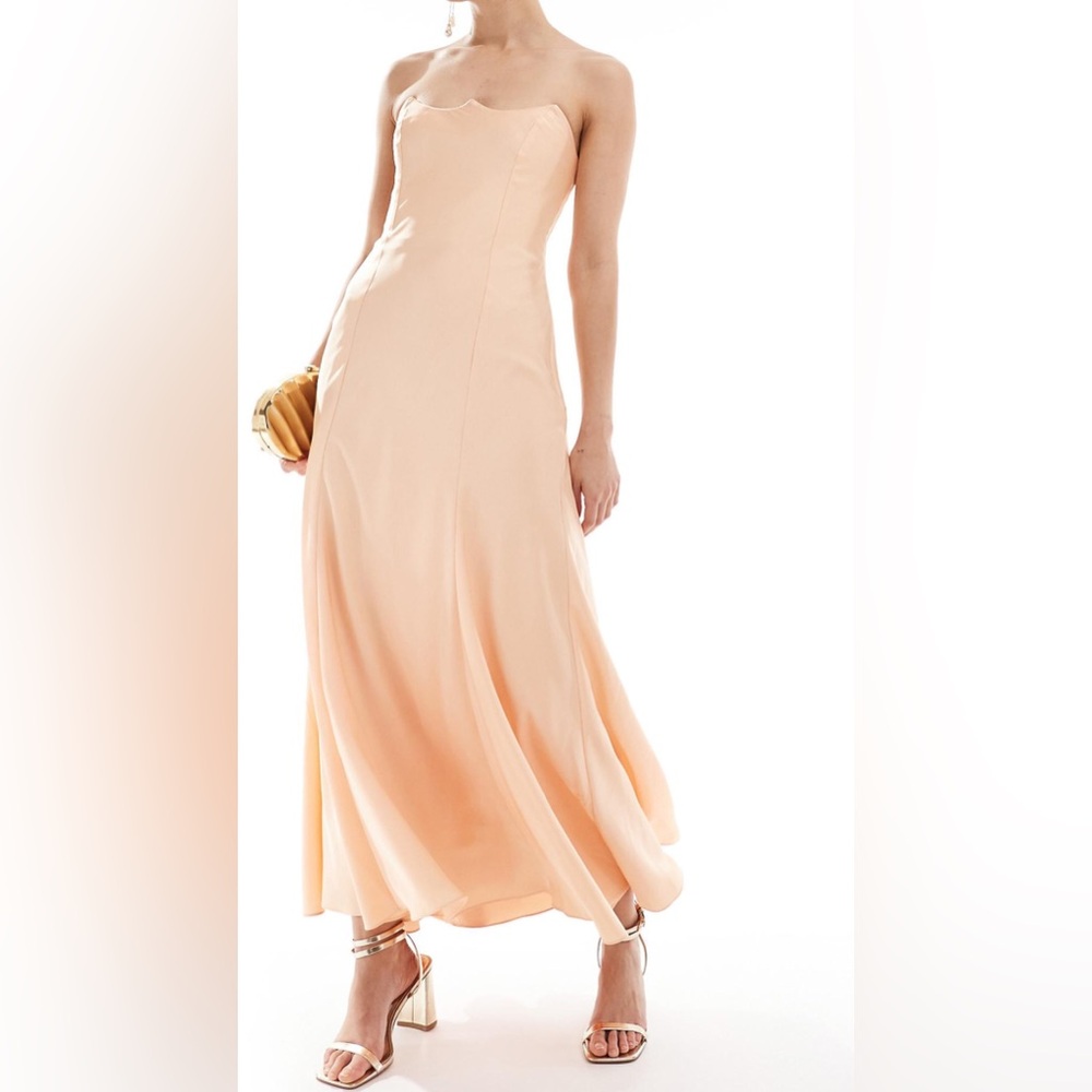 ASOS Design satin bandeau midi dress with shaped neckline in peach